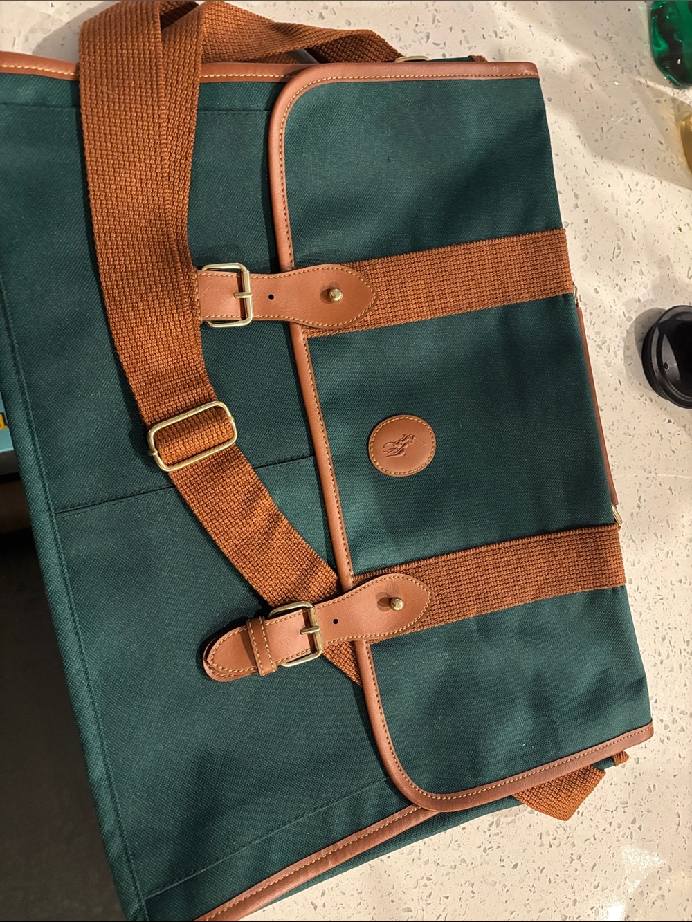 Classic Green Polo Canvas Messenger Bag with Brown Trim